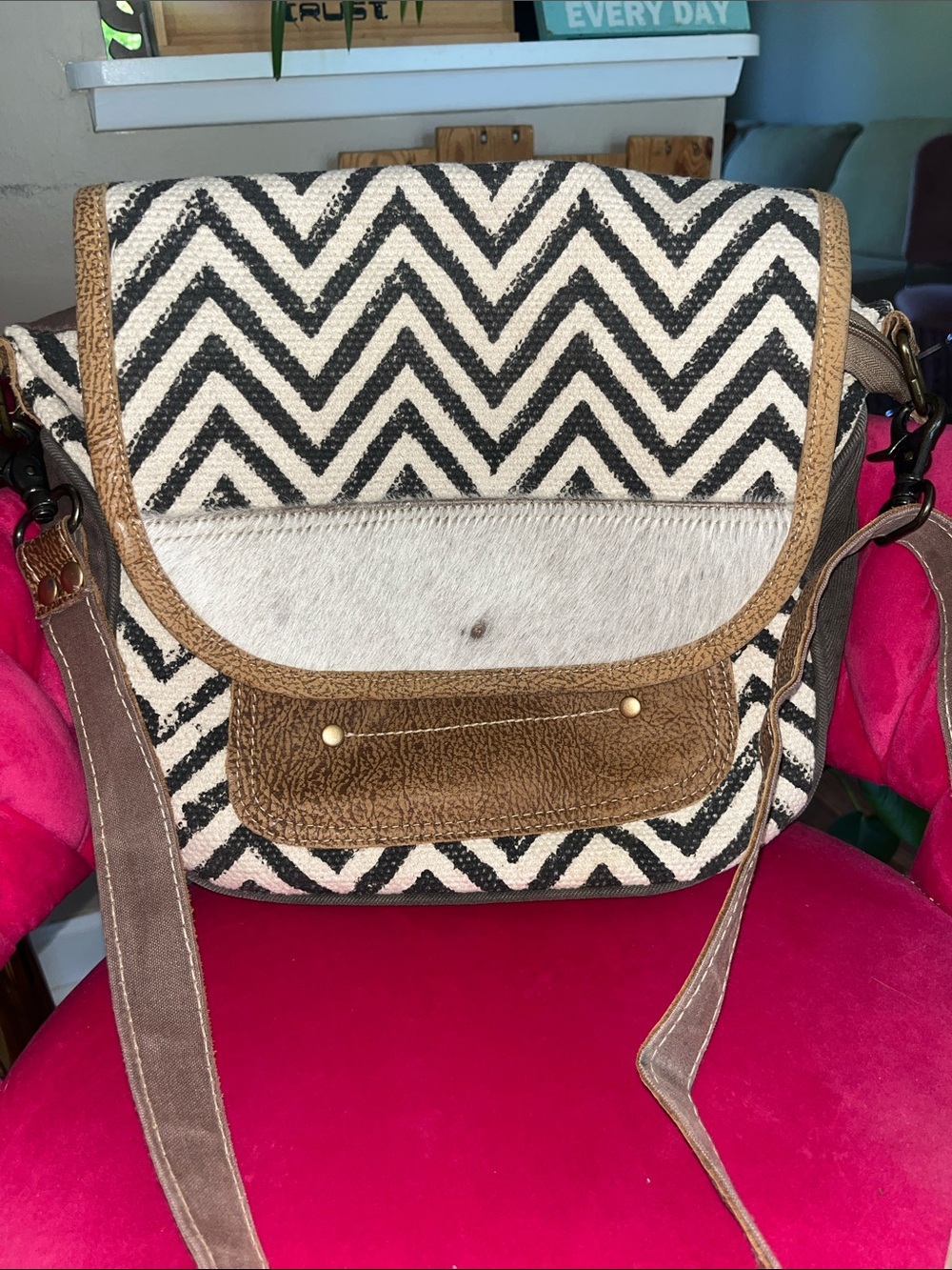 Myra Bag Large Chevron Crossbody Bag with Brown Trim